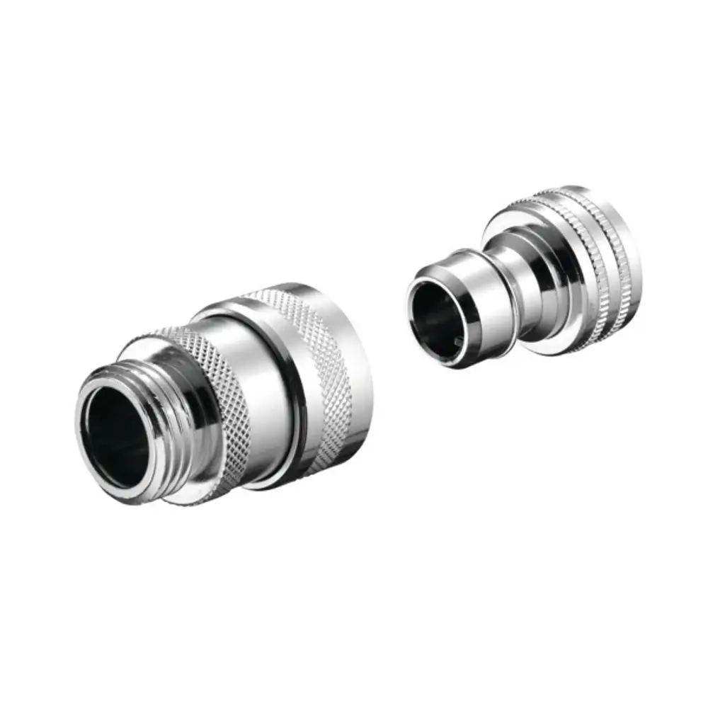 Schnellkupplungen von Ideal Standard in glänzendem Metall, bestehend aus zwei Teilen mit Gewindeanschlüssen, geeignet für Schlauchverbindungen.